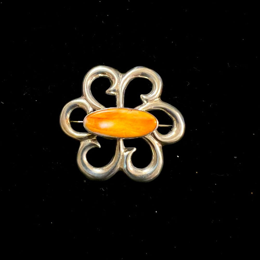 Vintage Artisan Sterling Silver “Rare” Orange Spiny Oyster Brooch